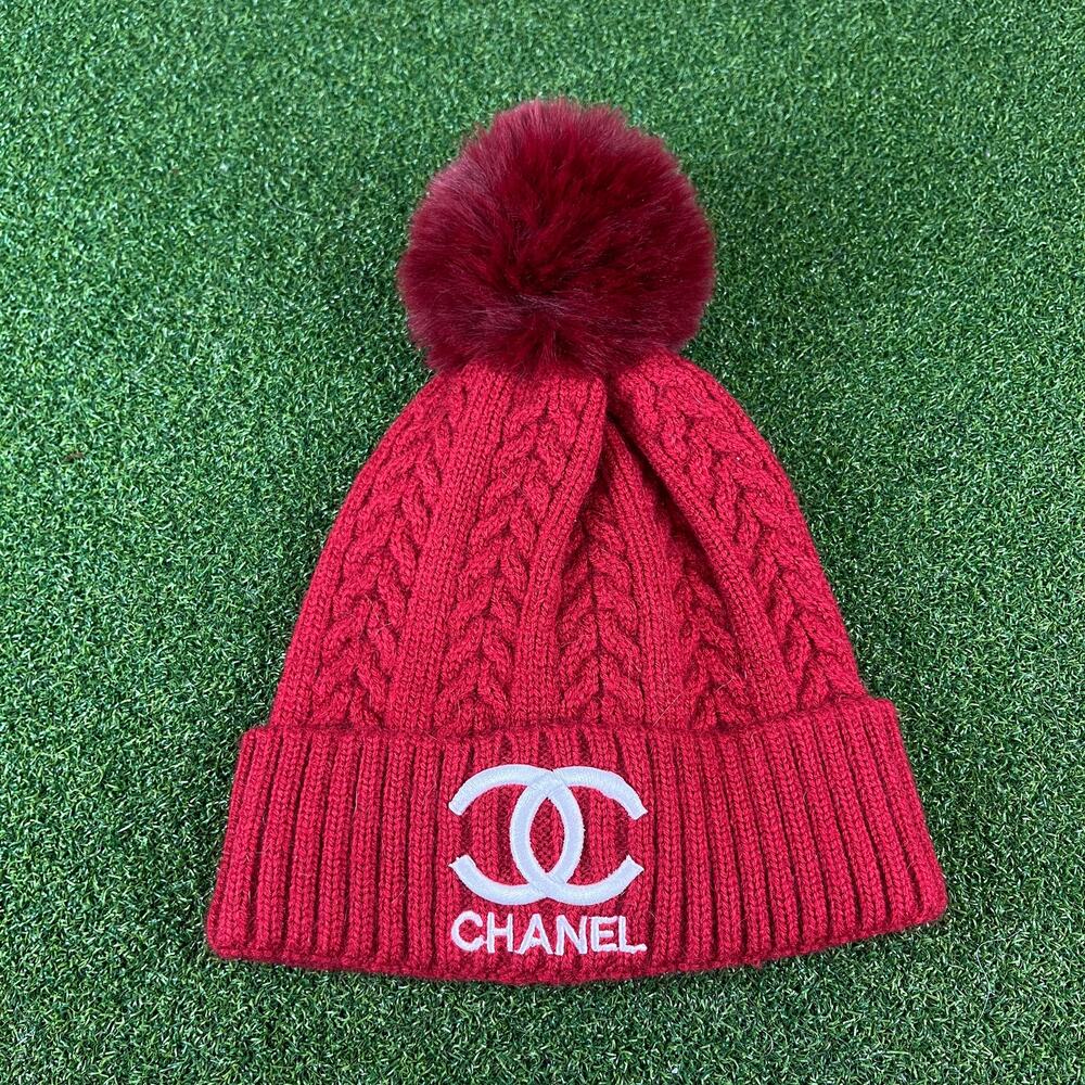 Red Knit Pom Pom Cable Knit Winter Stocking Hat Faux C C Fur OS